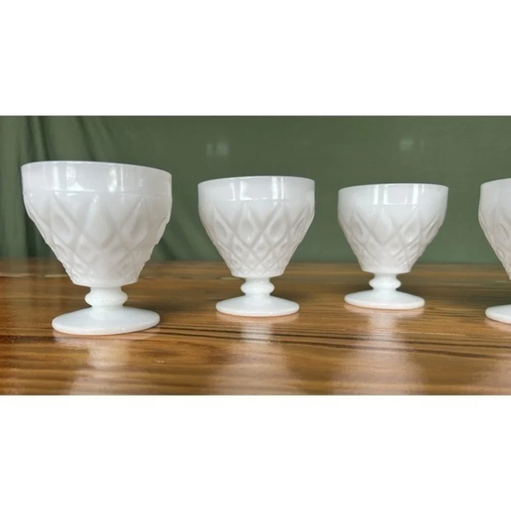 5-PC‎ Milk Glass Footed Drinking Goblet Cups Diamond Geometric 3D Design